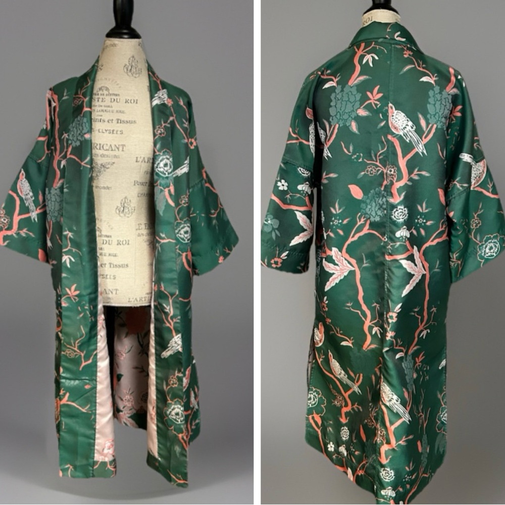 New York & Co Gabrielle Union Green Kimono Coverup Cardigan Birds Topper M/L